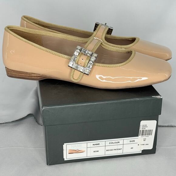 Silent D “Bow” Mary Jane Flats 40 Nude Patent Rhinestone Strap NIB Womens Shoes - Picture 1 of 11